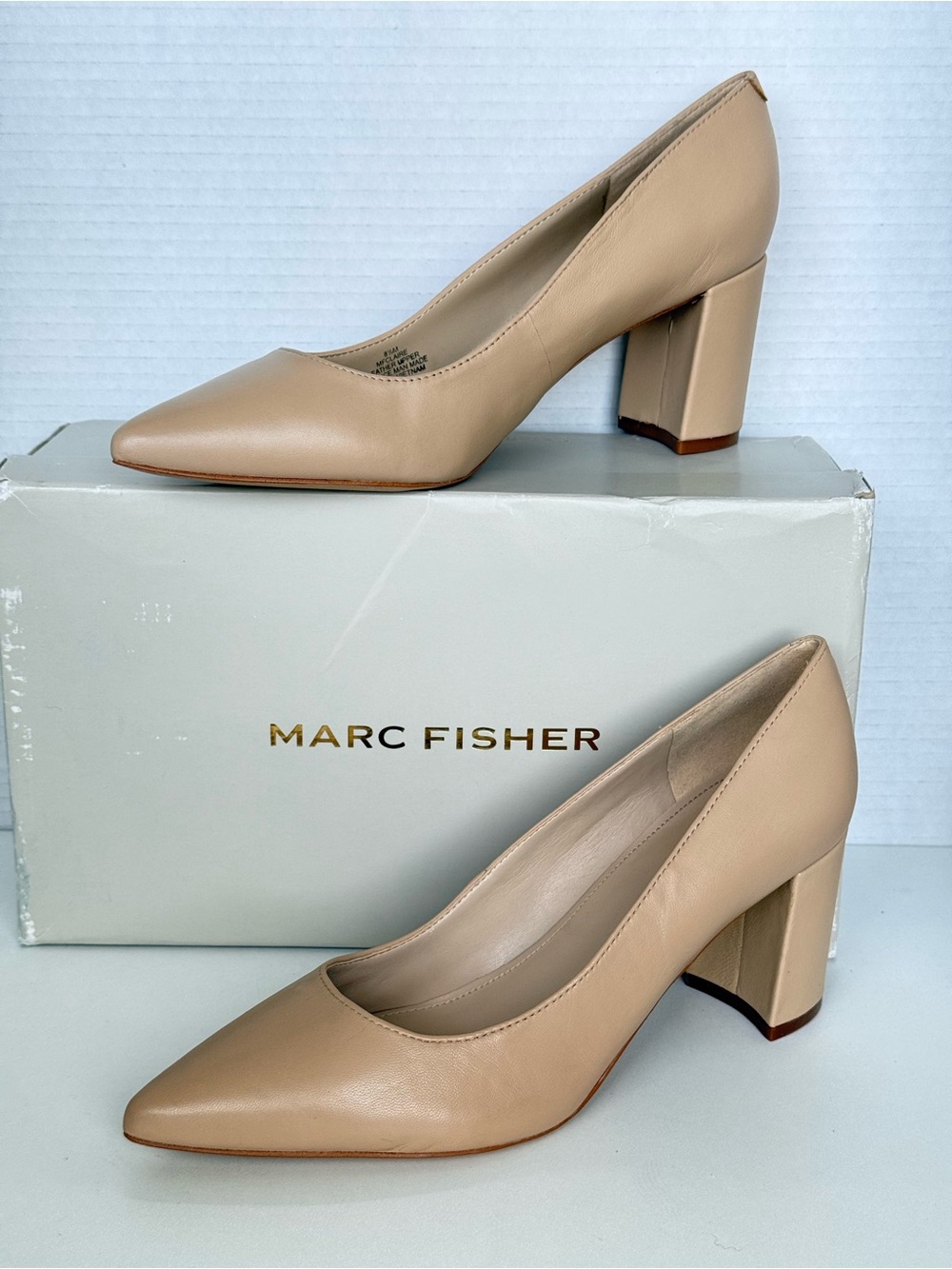 Marc Fisher Claire Nude Leather Pointed Toe Block Heel Pumps Women’s Size 8.5